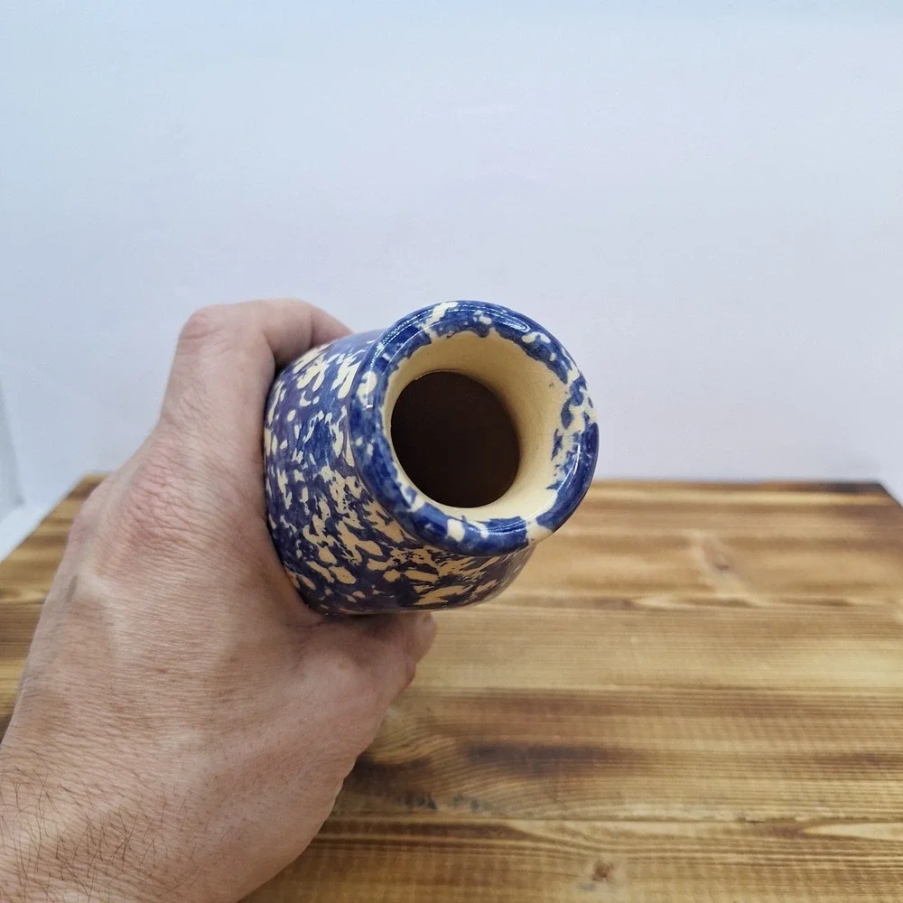 Alpine Pottery Roseville‎ Ohio 1997 Milk Bottle Vase Blue Spongeware 6.5